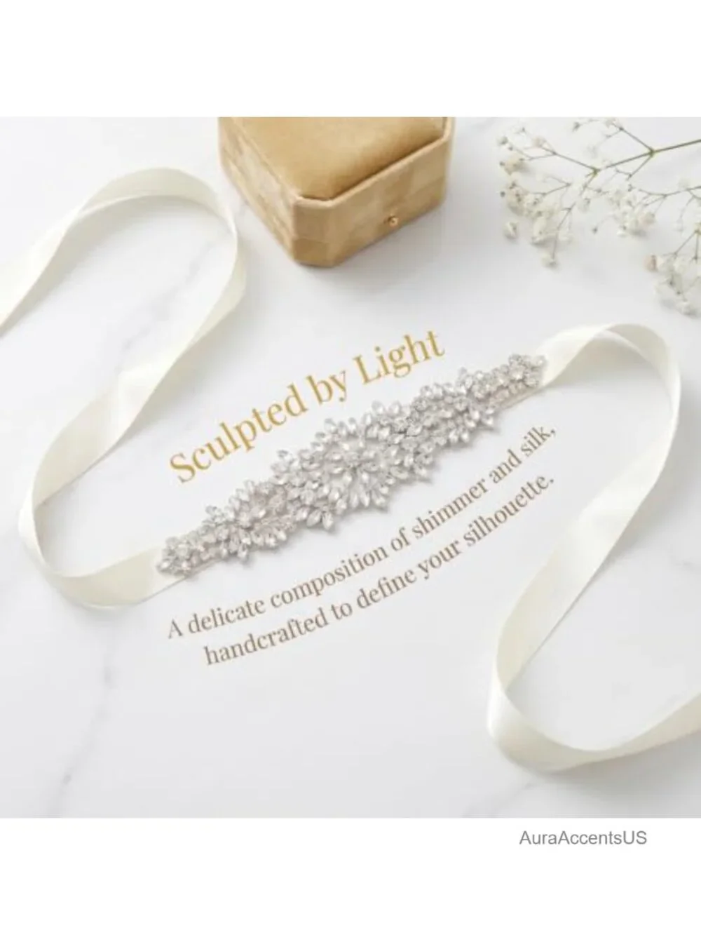 Handmade Rhinestone Bridal Belt with Ivory Ribbon Crystal Belt
